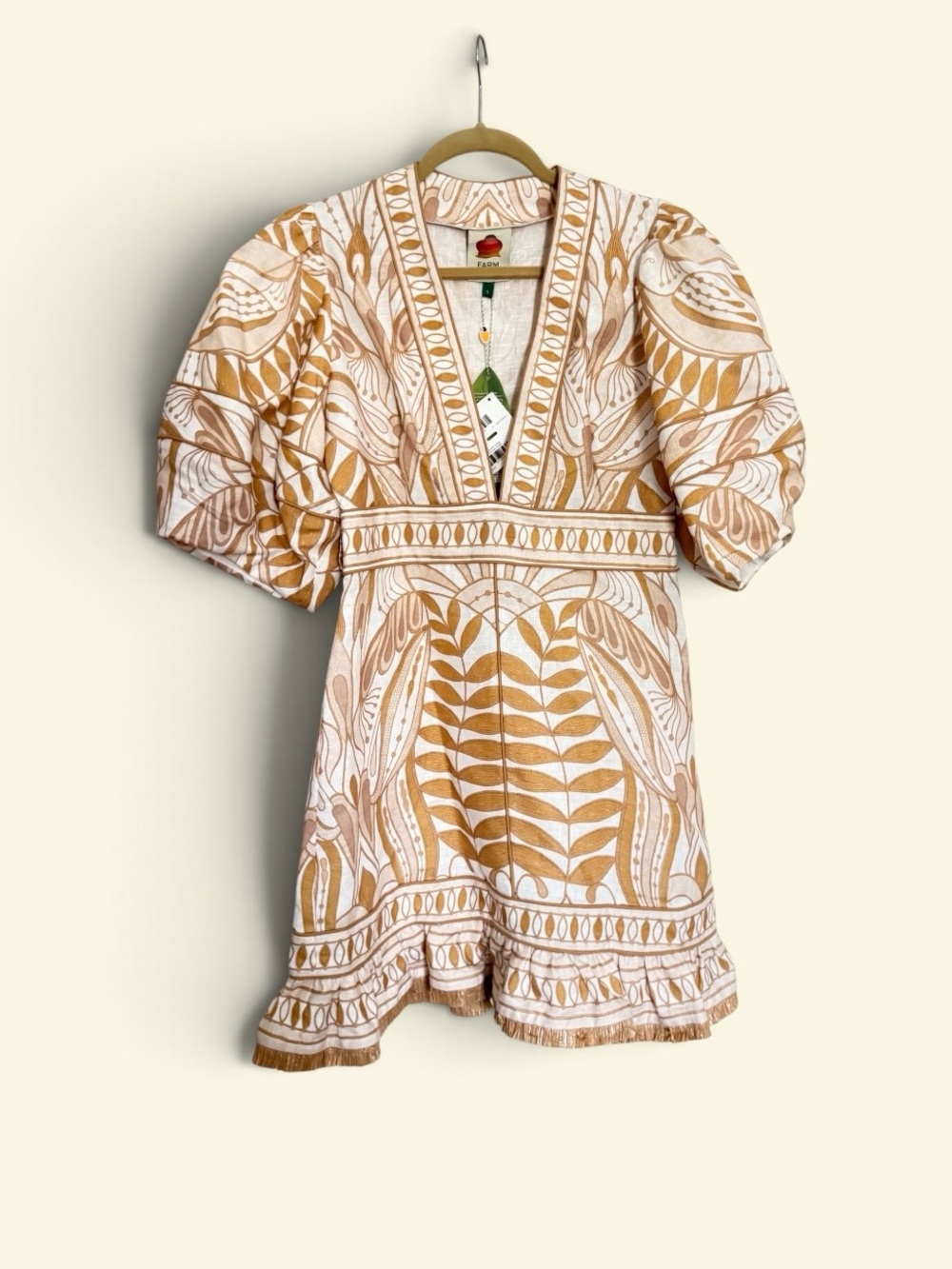 FARM Rio White and Tan Printed Puff-Sleeve Mini Dress New With Tags $280 Size Sm